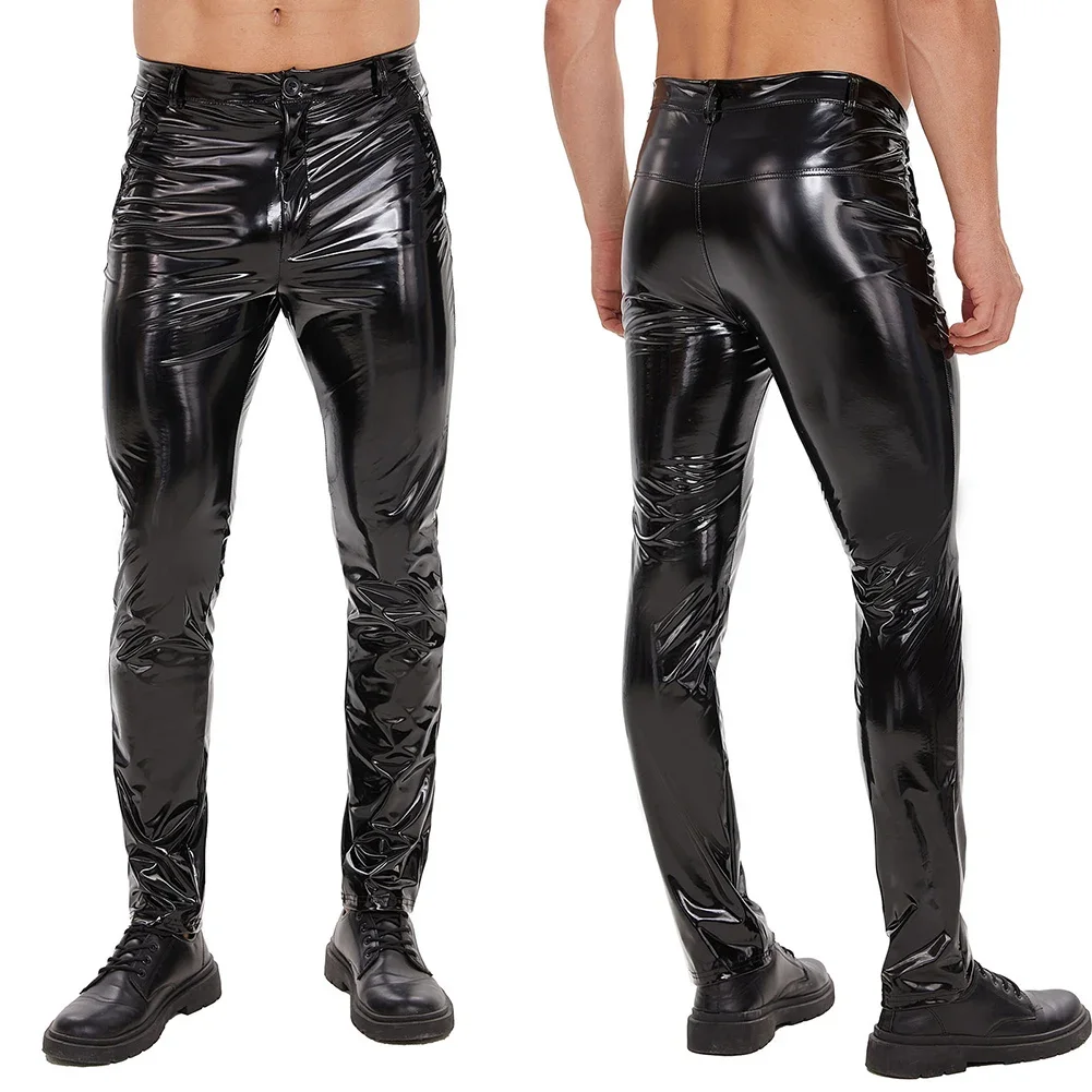 

Mens Zip Leather Trousers Casual Straight Shaped Pants Comfortable Shiny Male High Elastic Shaping Leggings