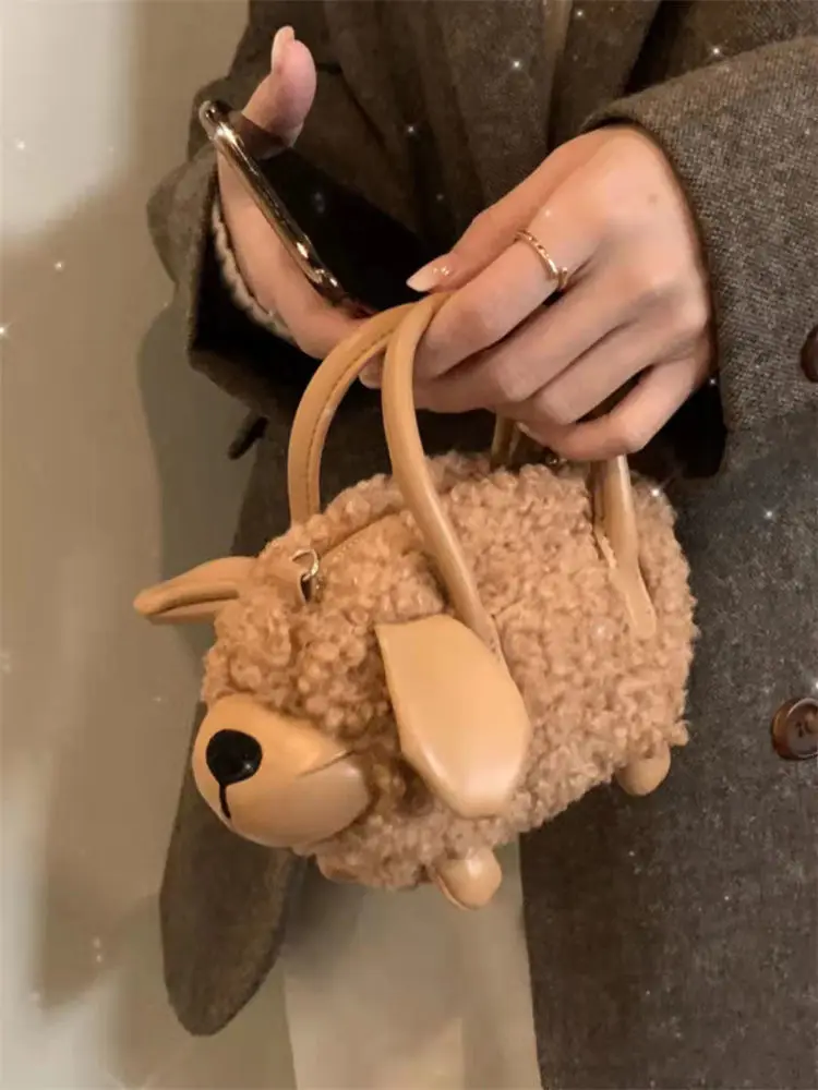 2021 Autumn and Winter Mobile Phone Bag Plush Puppy Mini Lamb Bag Cute Wool Portable Messenger Small Bag All-match New Cute Gift