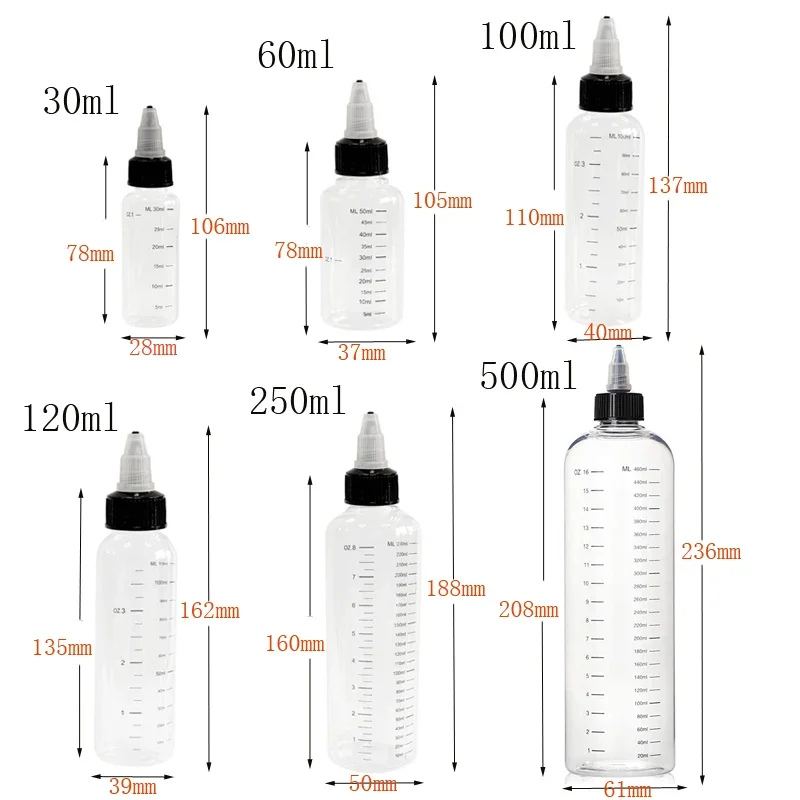 5 Stuks 30 Ml-500 Ml Diy Plastic Hervulbare Fles Vloeibare Olie Druppelflesjes Twist Top Cap Voor Tattoo pigment Inkt Lotion Containers