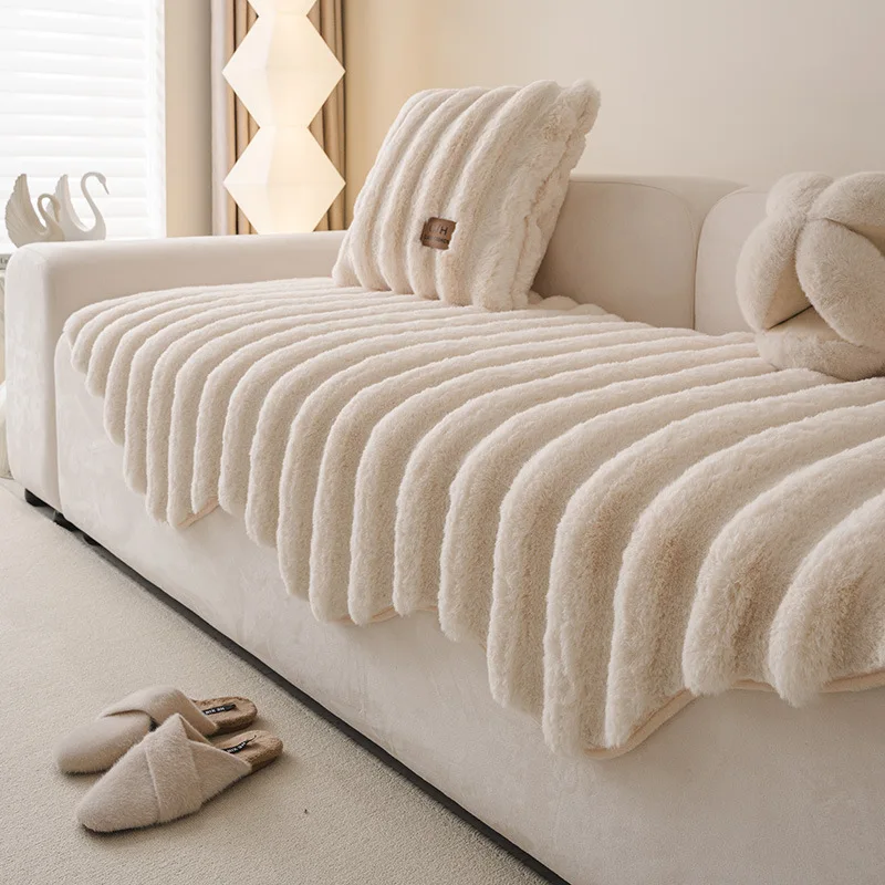 Irregular Faux Rabbit Fur Sofa Cushion with Vertical Stripes Autumn Winter Thick Warm Plush Couch Slipcover Anti-Slip Protector