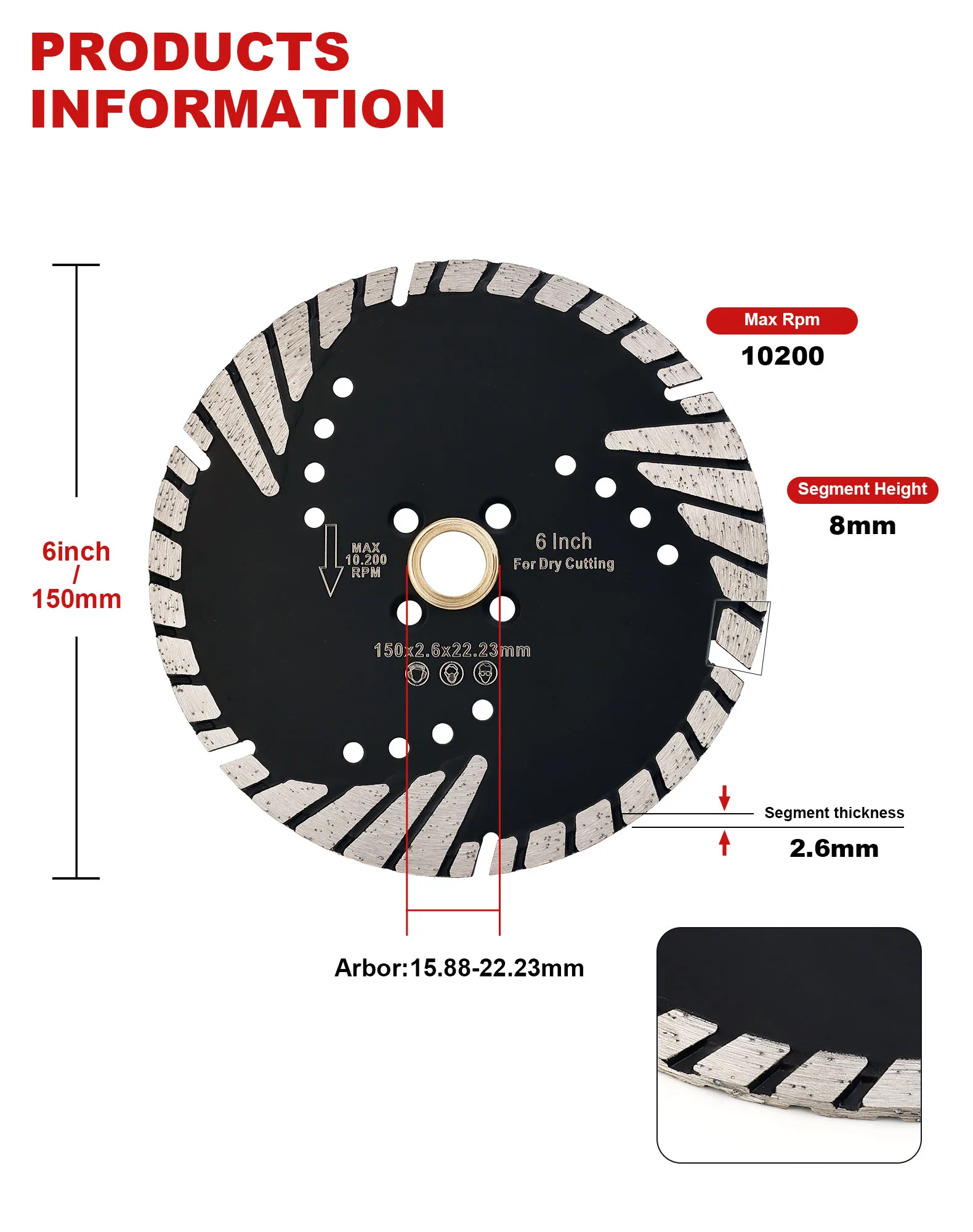Disco da taglio diamantato da 6"/150 mm per granito, lama turbo in granito Lama diamantata per pavimentazioni di marmo granito Taglio a secco in calcestruzzo