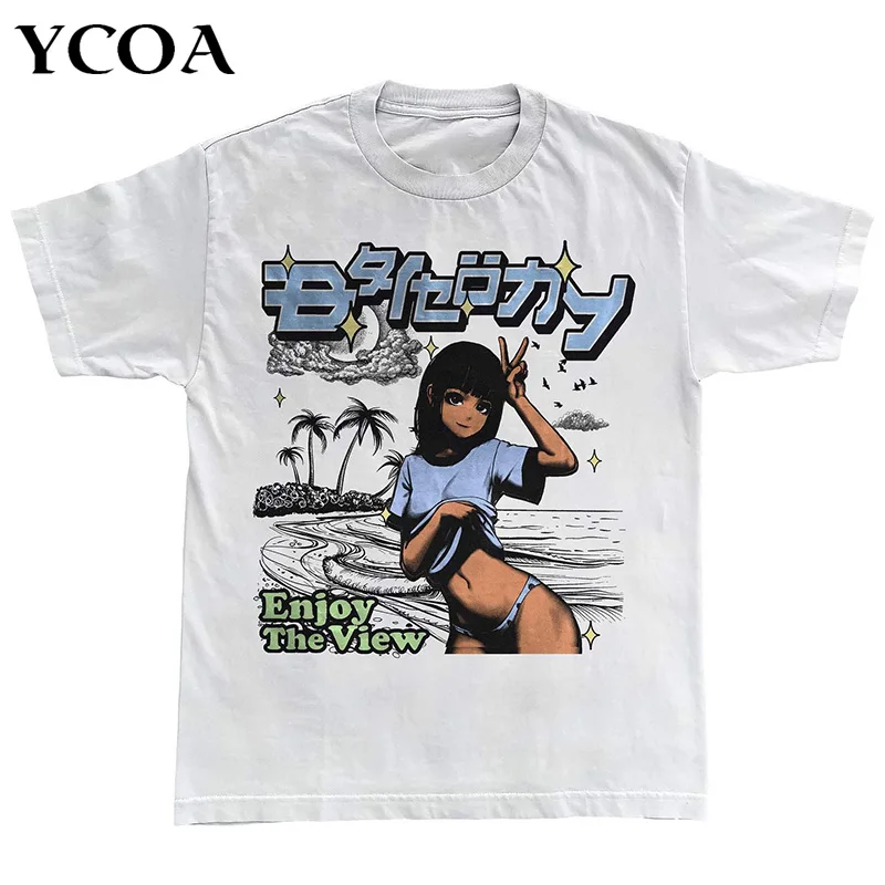 Men T-Shirt Oversized Cotton Anime Y2k Tops Streetwear Harajuku Korean Fashion Short Sleeve Harajuku Graphic Aesthetic Clothing