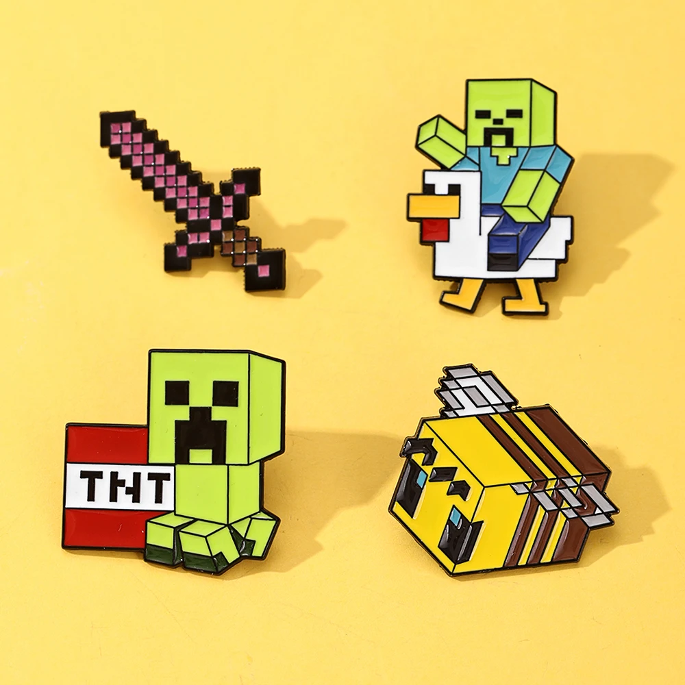 4 Stück Niedliche Baby-Zombie-Huhn-Jockey & Pixel-Bienen Emaille-Pins - Von Sandbox-Spielen Inspiriert, Gaming-Themen-Broschen, Lustiges Gamer-Geschenk