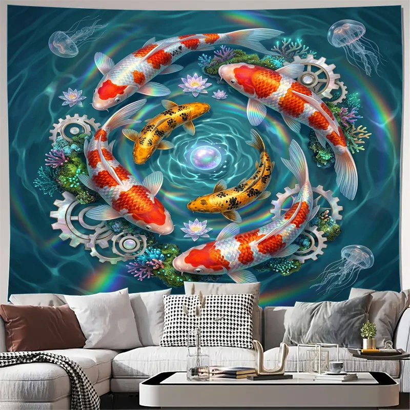 Decorative Koi Fish Tapestry Curtain Indoor Window Wall Art Ocean Aquatic Life Pond Scene Vibrant Tropical Background Home Decor