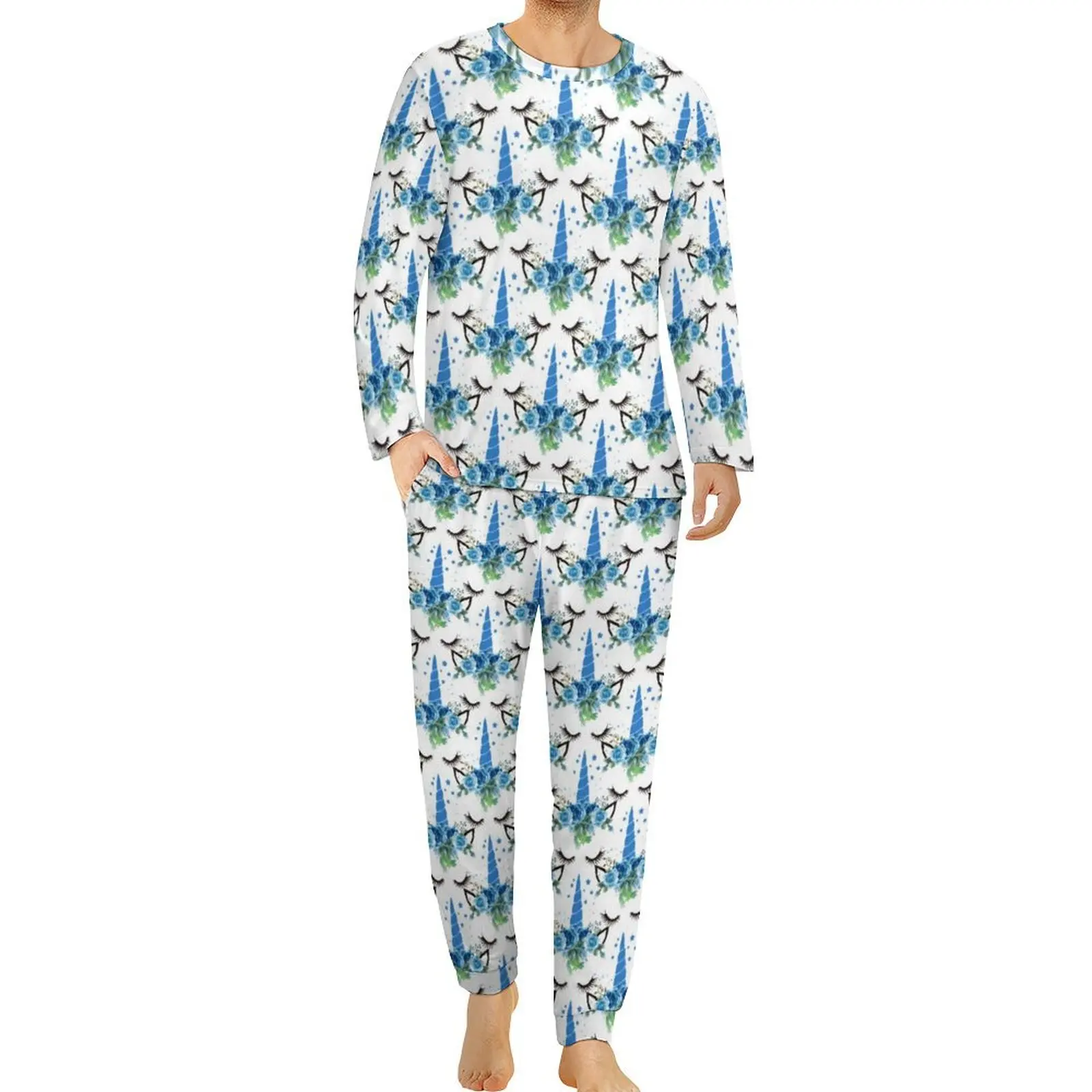 Cute Unicorn Pajamas Spring 2 Pieces Blue Floral Headdress Cool Pajamas Set Male Long Sleeves Bedroom Graphic Sleepwear