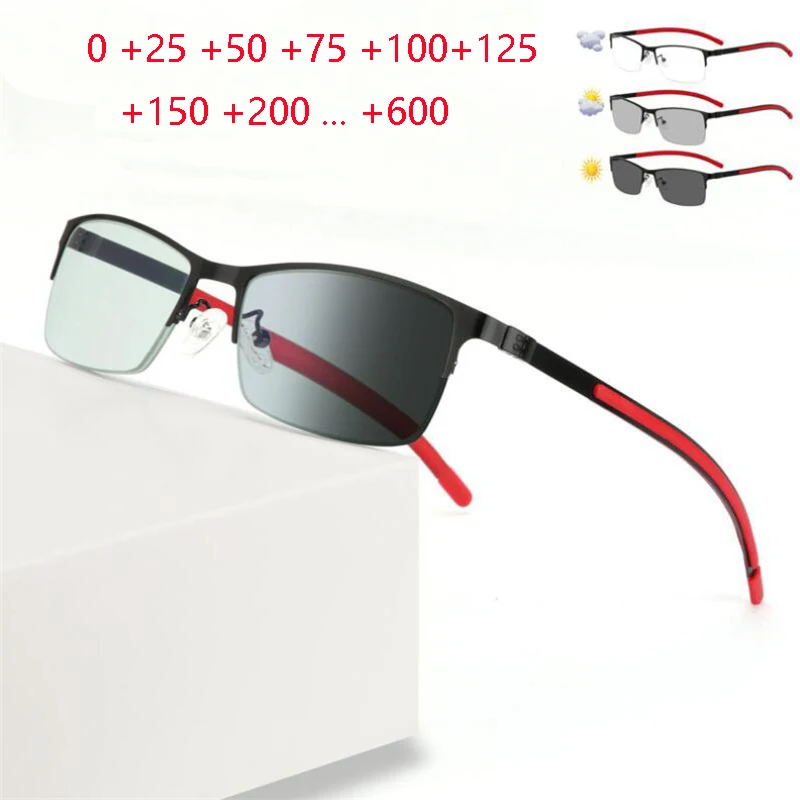 Outdoor Shade Anti-UV Sun Photochromic Gray Hyperopia Eyeglasses Semi-Rimless Resin Lens Prescription Glasses 0 +50 +75 To +600