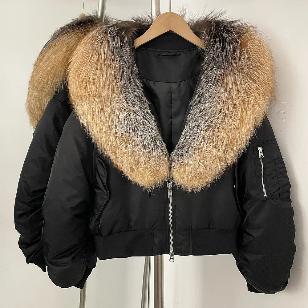 OFTBUY 모피 코트 여성용 화이트 덕 다운 재킷 숏 파카 신상 가을 겨울 빅 리얼 퍼 천연 여우털 코트 깃털 여성용