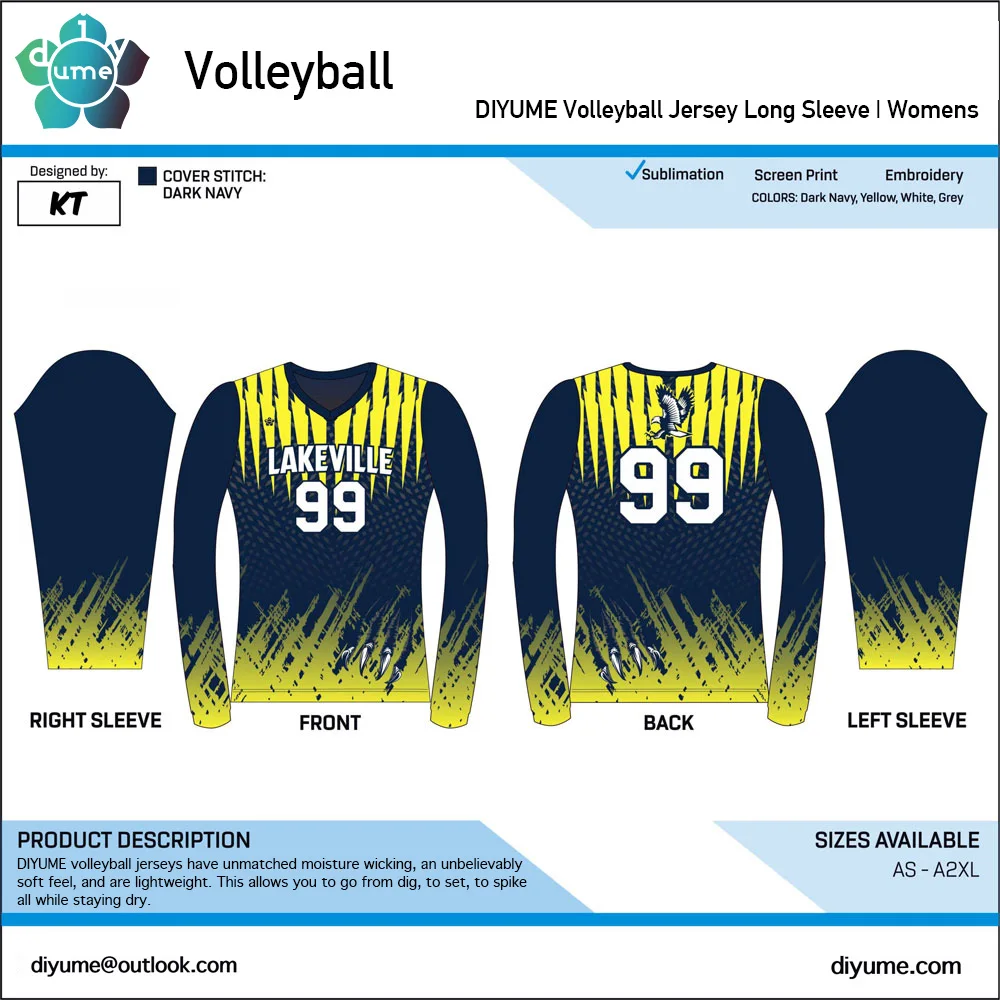 Custom Men Women Youth Volleyball Long Sleeve V-neck T-shirt Training Competition Team Uniform Printable Number Name Jersey