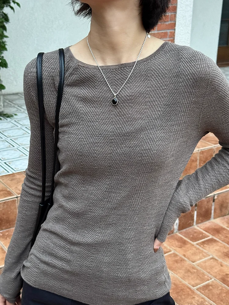 

Кофейный вязаный свитер с длинным рукавом для женщин, облегающий, с круглым вырезом, для осени, новинка