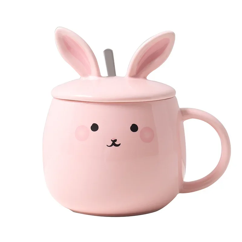 Cartoon Rabbit with Lid Spoon Ceramic Cup Coffee Breakfast  Mug Cute Student Couple    Household Kitchen Supplies