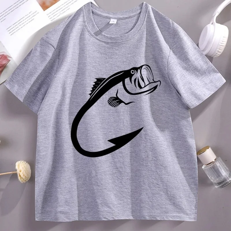 Fish Hook Pattern T-Shirt, Cotton Casual Short Sleeve Crew Neck Loose Street Style Men's Fishing T-Shirt Women And Men T-shirt