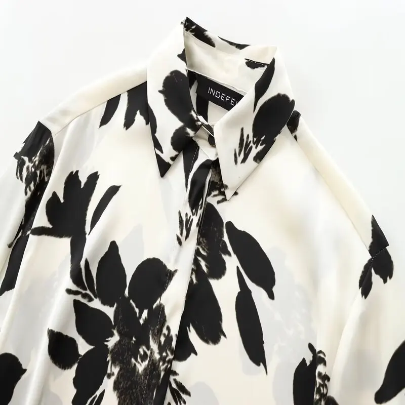 

Faionable Silk Satin Print irt Women's Autumn 2024 Versatile Long Sve Loose Fit Premium Quali Ladies' Blouse