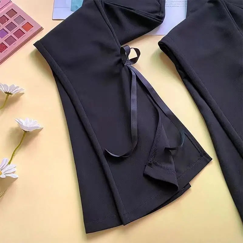 Summer 8-minute Micro-flare Women's High Waist Slim Fit and Slim Side Slit Tie Casual Black Flared Pants
