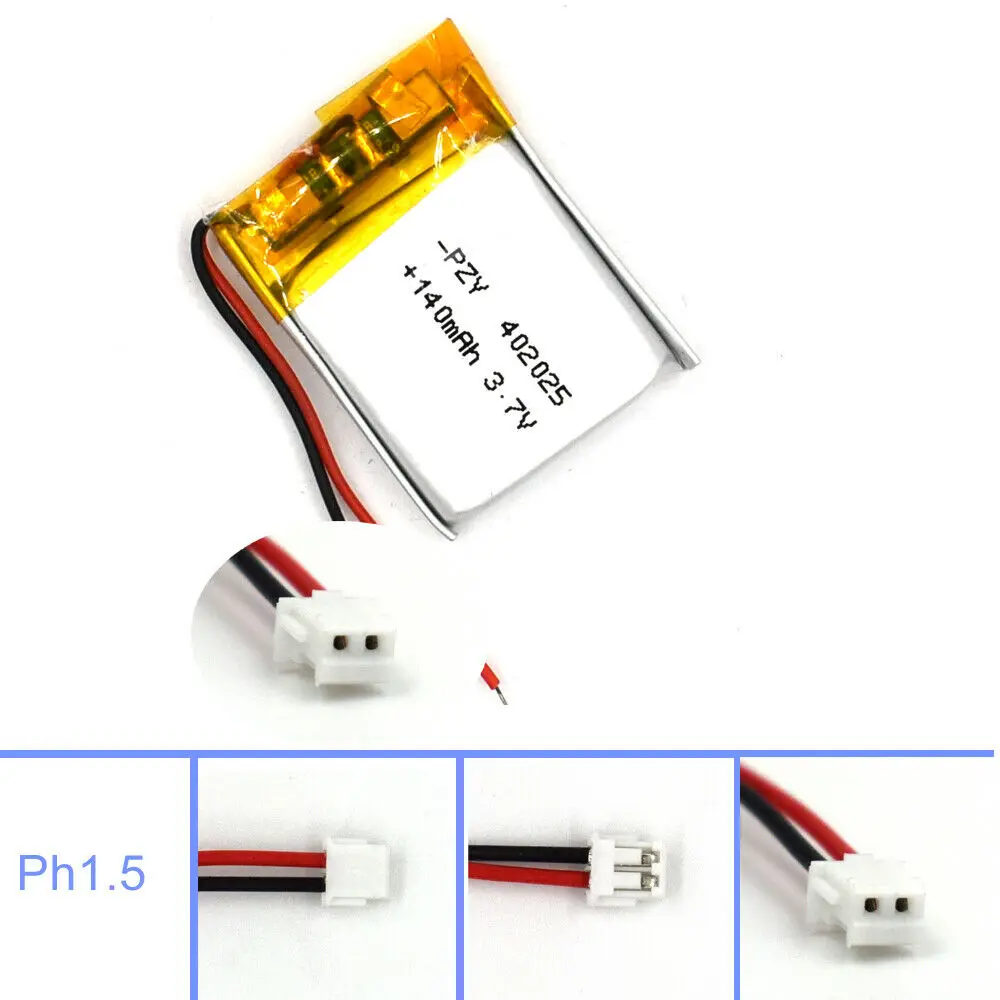 3.7V 140mAh Lipolymer 402025 Battery Rechargeable with 2Pin JST Plug Cell for Lamp Led Camera GPS Recorder Reader