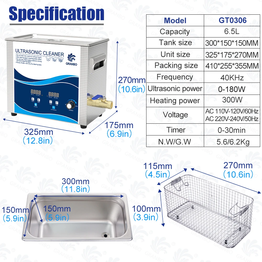 Limpiador ultrasónico de 180W, 6 litros, potencia ajustable, 40KHz, carburador de limpieza, piezas de automóviles, discos de vinilo, impresión 3D