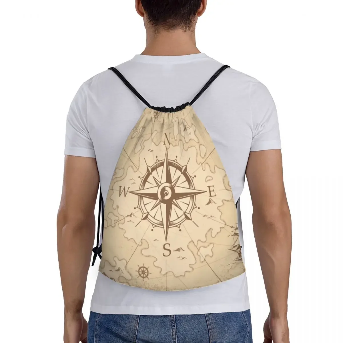 カスタムヴィンテージ海賊の地図巾着バックパック女性男性スポーツジムサックパック折りたたみ航海コンパスセーラートレーニングバッグ袋