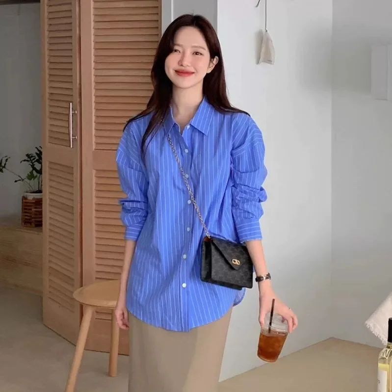 

Loose Blue Striped Shirt for Women, Niche French Style Sun Protection Top, Plus Size Long Sleeved Casual Layering Shirt Trend