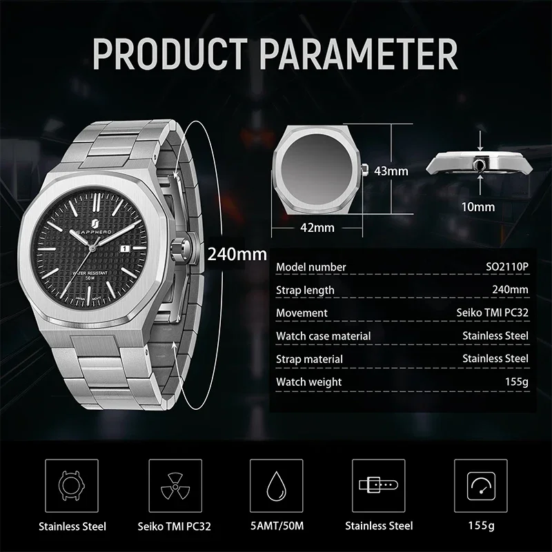 SAPPHERO Men's Watches Classic Business Watches Stainless Steel Watches High-end Clocks Imported Movements Sports Wristwatch
