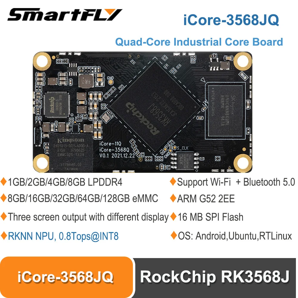 Smartfly iCore-3568JQ Quad-Core Industrial Core Board RockChip RK3568J RKNN NPU 0.8Tops Supports Android 11.0,Ubuntu 18.04