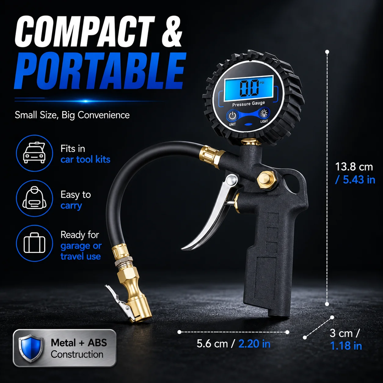 Digital Tire Pressure Gauge Inflator Deflator Tool Metal ABS Air Chuck with LCD Display for Car Truck Motorcycle Tire Care Kit - view 5