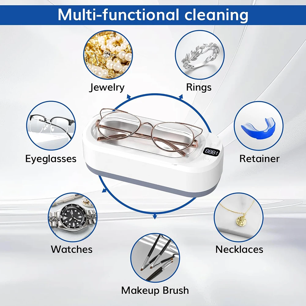 KUNPHY新型コンタクトレンズクリーナー ガラス洗浄機 350ml 48kHz超音波ジュエリーバイブレーター 3つのデジタルタイマー付き 脱気モード 超音波