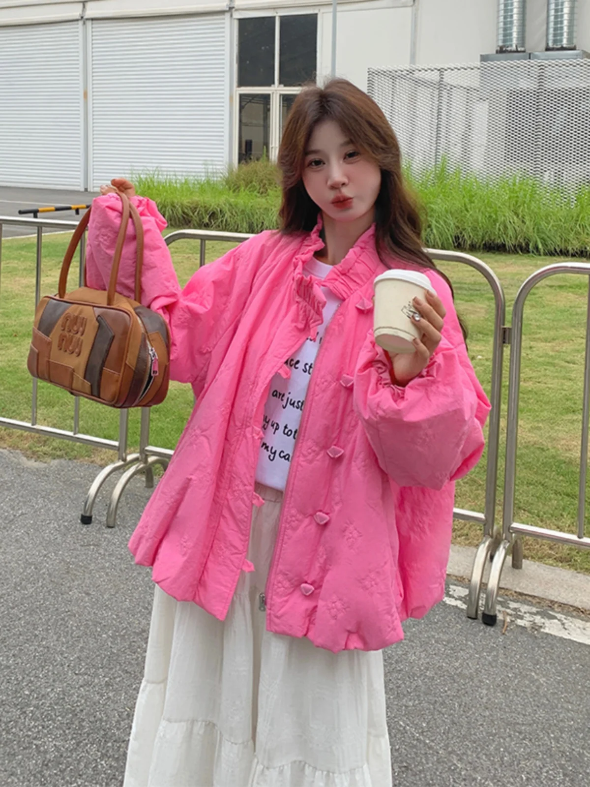 

Korean Sle Light Pink ort Cotton Jaet Women's Winter Faionable Thin Cotton Coat Loose Fit Long Sve Stand Collar