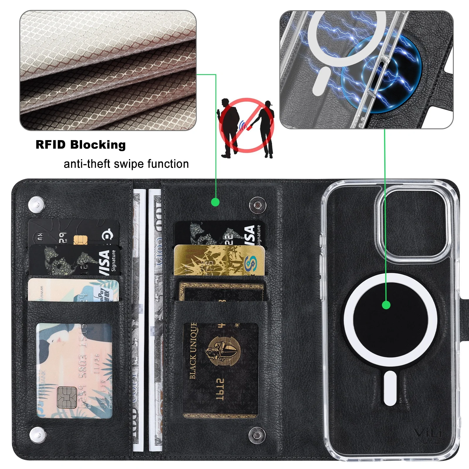 Removable Leather Wallet CardHolder Magnetic Wireless Charging Magsafe Case For iPhone 16 15 14 13 Pro Max Plus (RFID Blocking)