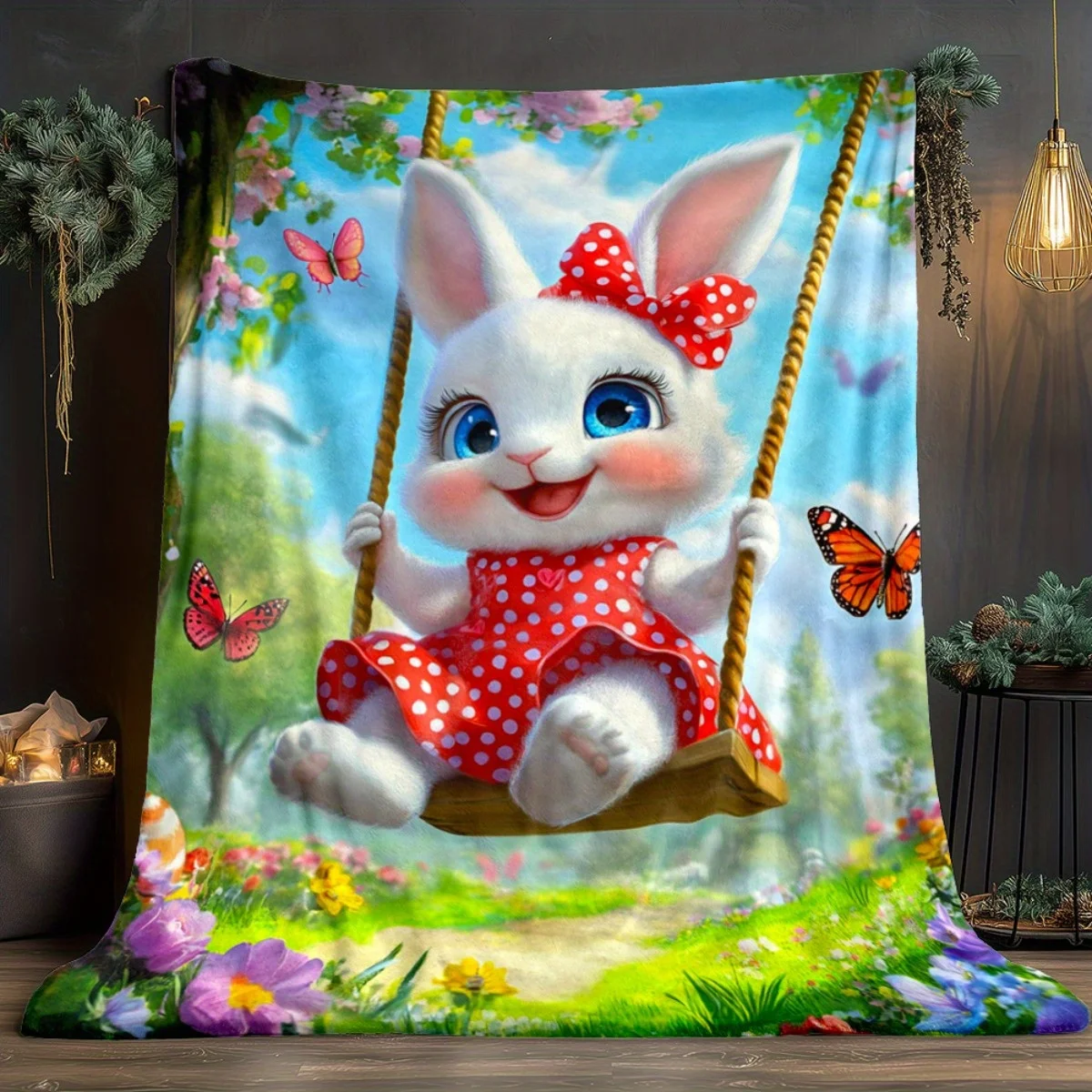 Adorable Bunny on Swing Blanket Spring Garden Scene Cute Animal Print Flannel Throw Blanket for Kids Girls BedroomDecorationGift