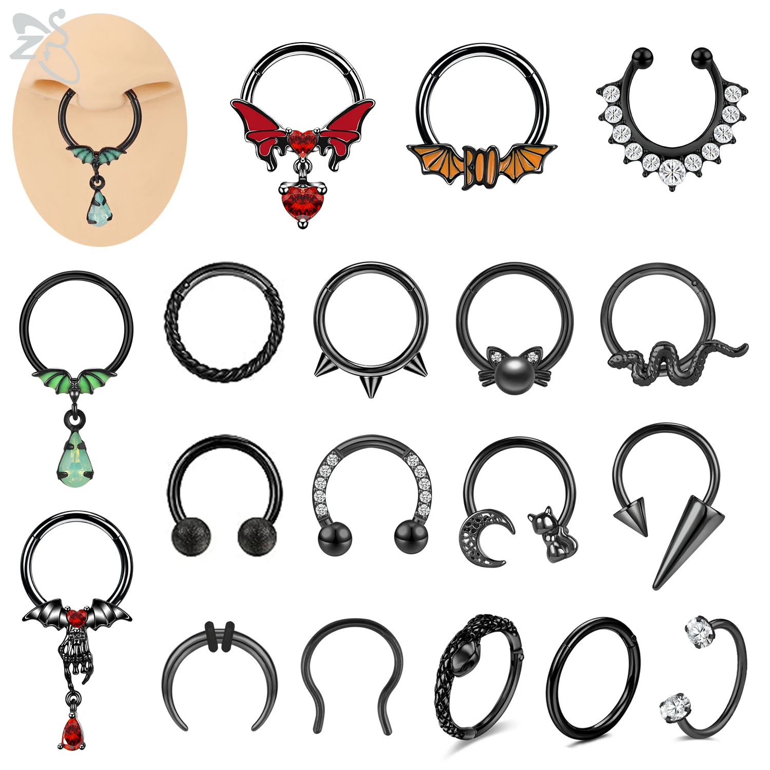 ZS 1 PC Black Color Stainless Steel Nose Ring Men Punk Bat Spike Septum Piercings Cartilage Helix Tragus Piercing Body Jewelry