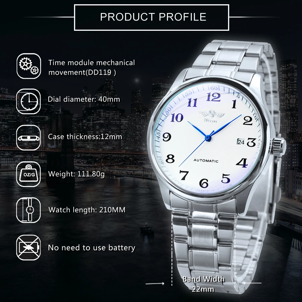 Winner Klassische Business-Armbanduhr für Herren, Retro-Kalender, blaue Zeiger, automatische mechanische Uhren, Top-Marke, Luxus-Stahl-Ledergürtel – Detail 12
