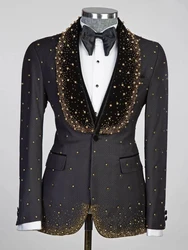Exquisite Beads Pearls 3 Pieces Blazer Vest Pants Men Suits One Button Peaked Lapel Formal Prom Wedding Groom Plus Size Tailored