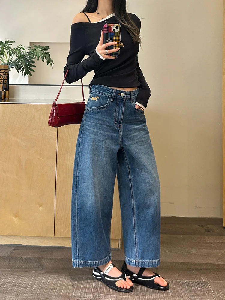 

High Waist Wide Leg Blue Denim Jeans Women's Spring 2026 Sausage Dog Nine Points Knife Pants Comfortable Soft Cotton