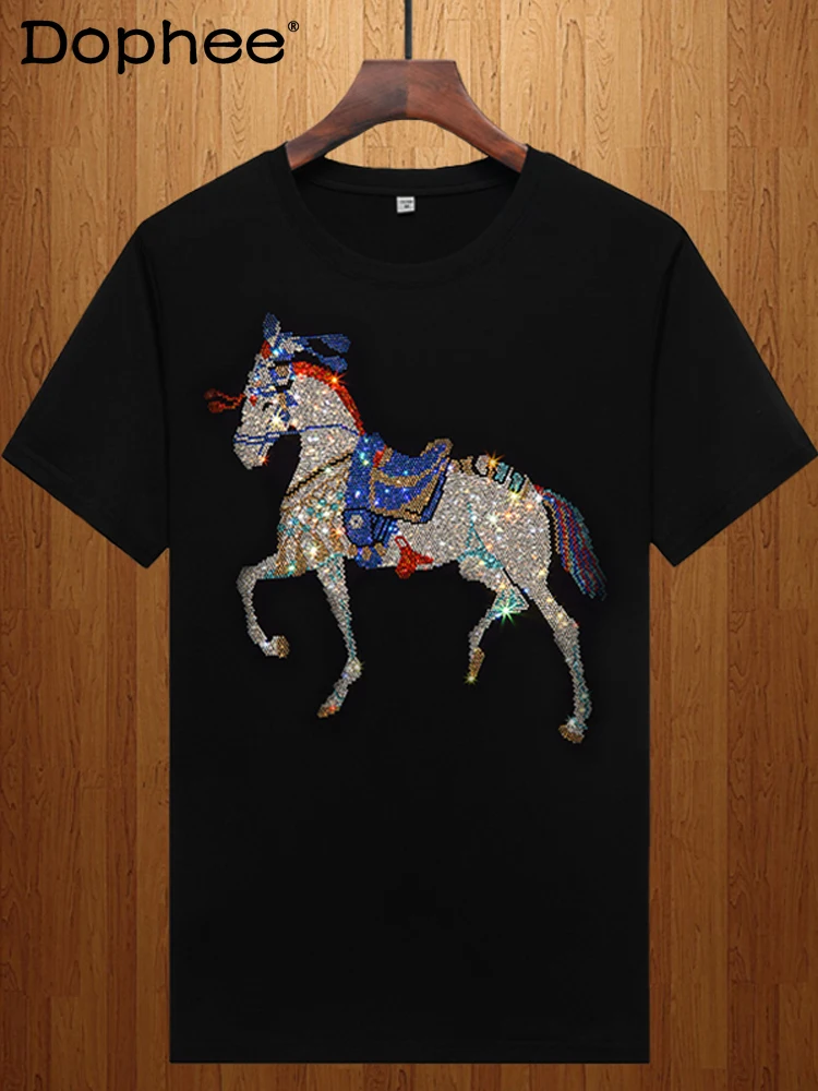 

Fashion 2024 Summer Color T-shirts Short Sleeve 3D Horse Rhinestone T-shirts Young Man Over Size Half Sleeve Trendy Male T-shirt