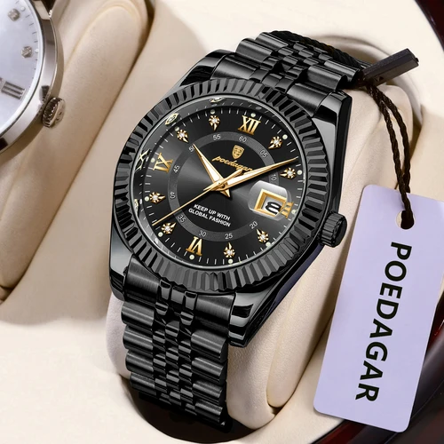 Imagen 2 del producto Reloj POEDAGAR de lujo a la moda para hombre, reloj de pulsera militar luminoso de acero inoxidable resistente al agua para hombre, relojes de cuarzo para negocios con fecha para hombre