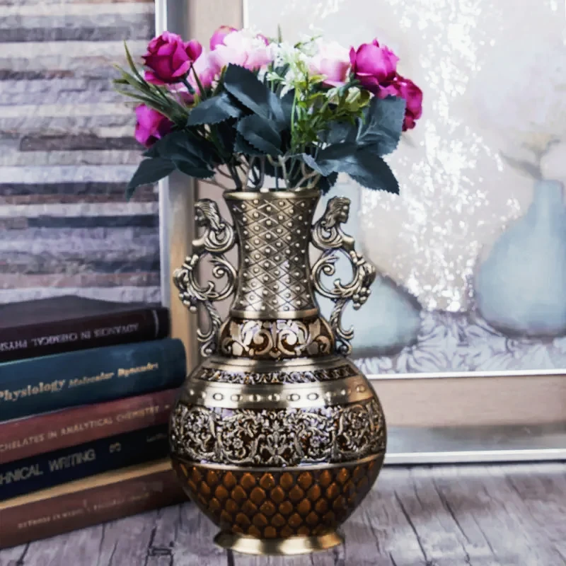 

Vintage Antique Flower Carved Metal Vase Luxury Tabletop Art Craft Decoration Home Ornaments Gift Height 25cm