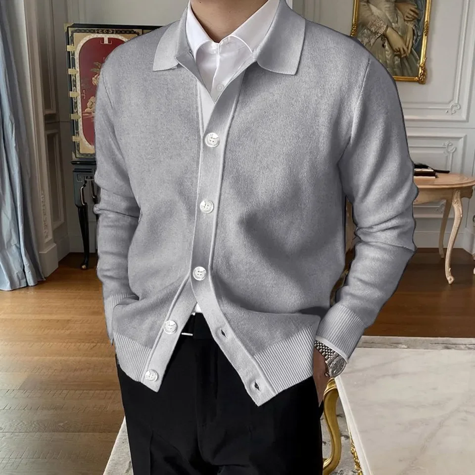 Mens Fashion Casual Knit Yarn Lapel Button Long Sleeve Sweater Cardigan Mens Knit Sweater