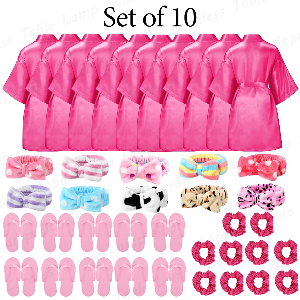 Lot De 30 Peignoirs Satinés Pour Filles - Kit Fête Spa Avec 10 Robes Kimono, 10 Bandeaux Et 10 Chaussons Mousse, Idéal Pyjama Party
