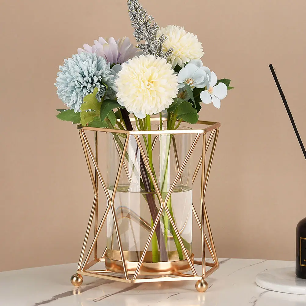 Iron Art Hydroponic Glass Vase for Dried Flowers and Live Plants Premium Geometric Rhombus Design Home Office Garden Decorative