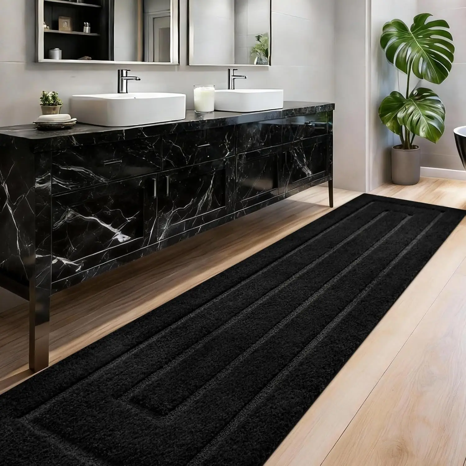 

24x80 Inch Long Bathroom Runner Rug, Non Slip Washable Absorbent Bath Mat, Black