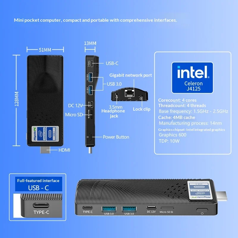World's Smallest PC Stick – Intel J4125, 8GB RAM, 128GB, Win11 Pro, Dual 4K, Fanless, Pocket-Sized Dual 4K Mini Computer Stick