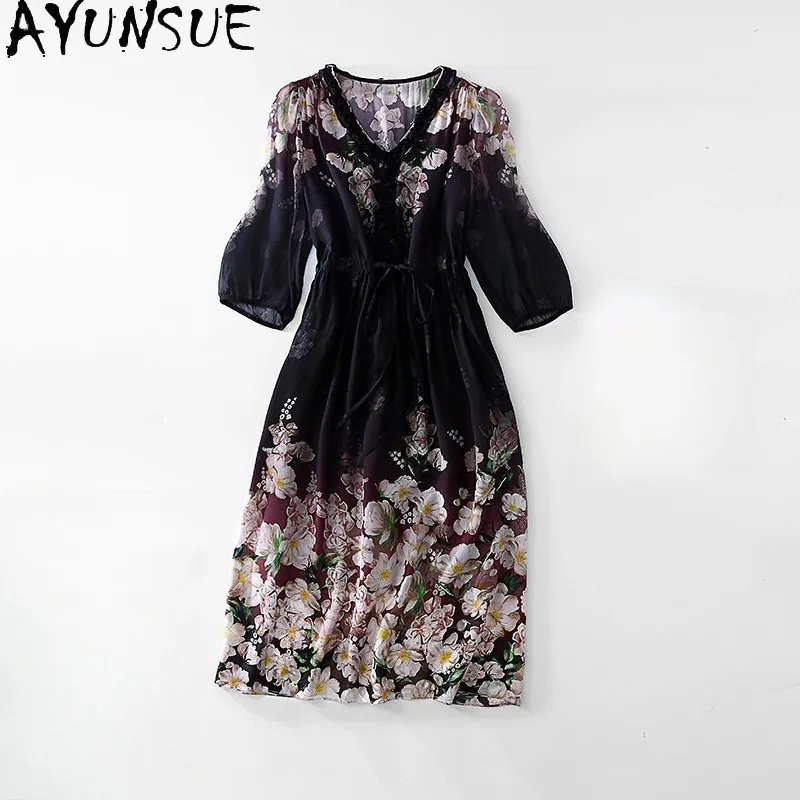 

AYUNSUE 100% Mulberry Silk Elegant Dresses for Woman V-neck Black Dress Summer Dresses Women Clothes High Quality Ropa De Mujer