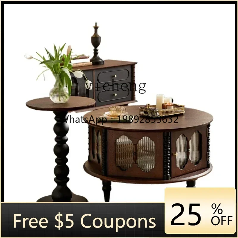 

U6 French retro solid wood coffee table small apartment medieval living room home TV cabinet combination round tea table