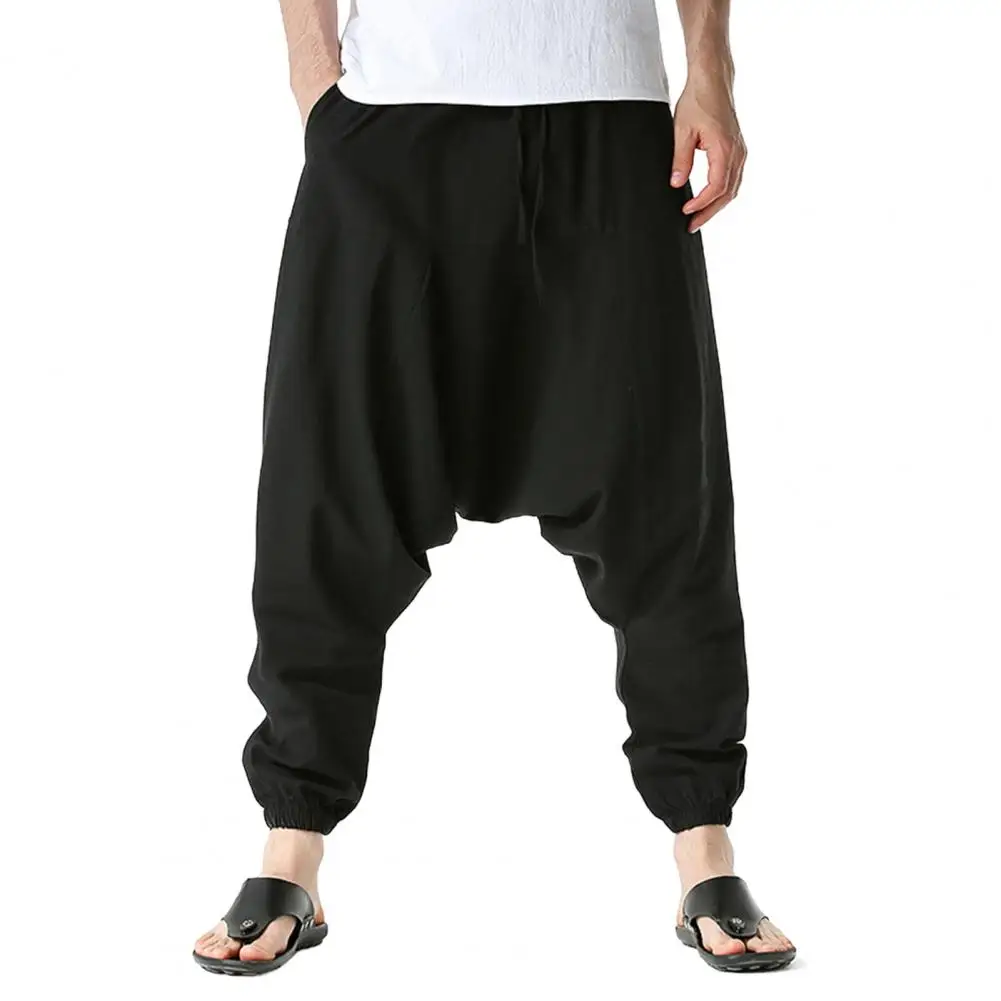 Elastic Waistband Pants Pocket Design Trousers Versatile Loose Fit Trousers with Crotch Pockets for Hiking Work Travel