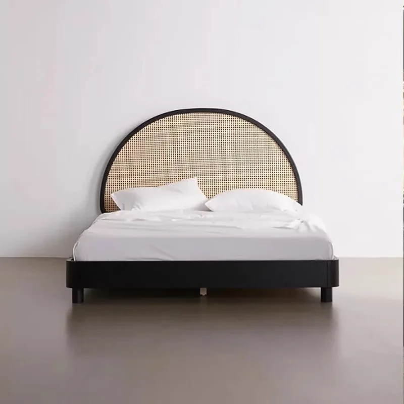 Solid wood bed retro rattan bed, household small double bed
