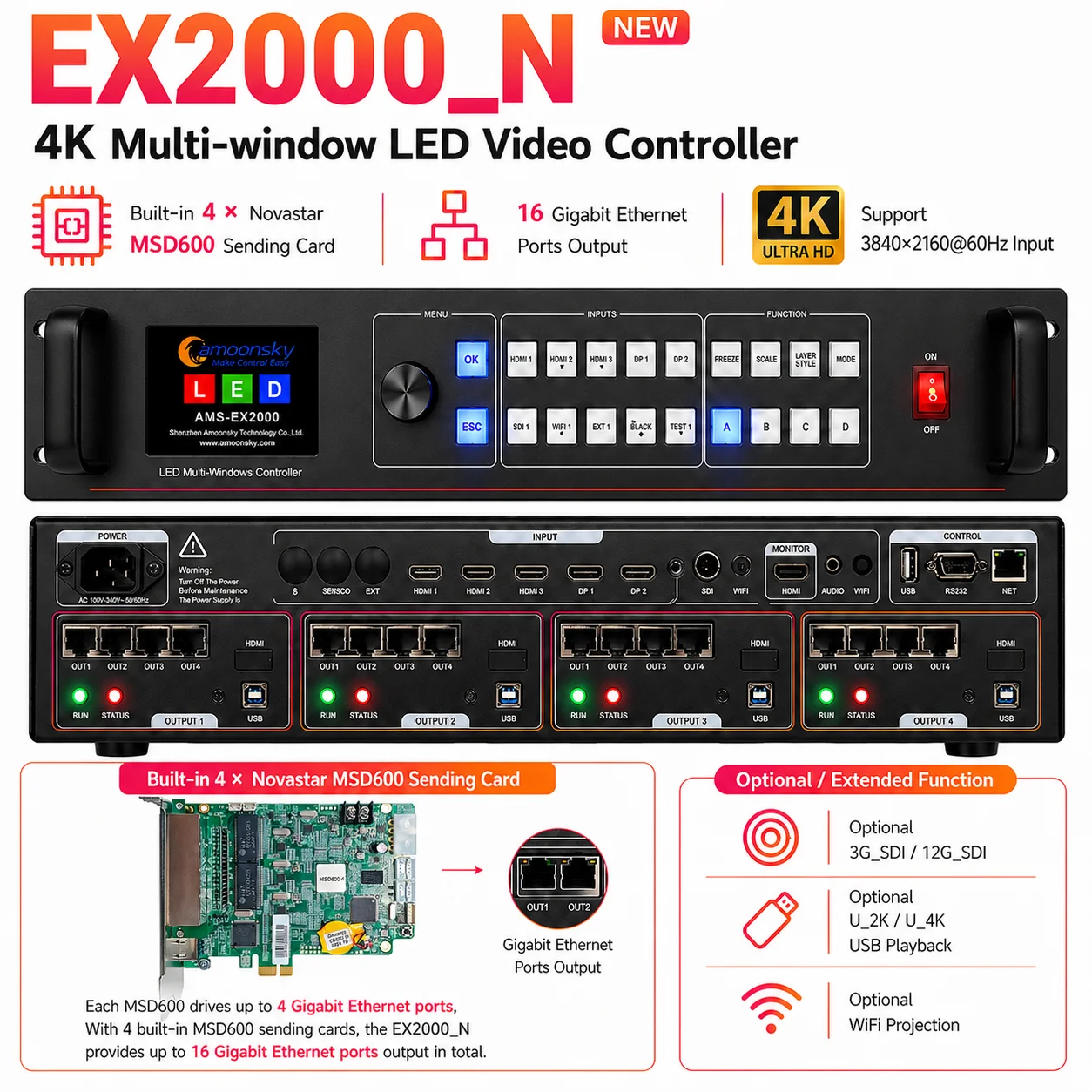 4K Multi Window LED Video Controller 3 HD 2 DP 16 RJ45 Seamless Switching 2 Layers Up to 4 Windows EDID EX2000