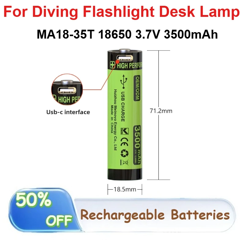 

MA18-35T 18650 3.7V 3500mAh Ternary Lithium Battery with USB Interface for Diving Flashlight Desk Lamp Rechargeable Batteries