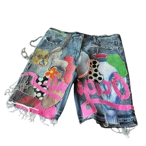 New Patchwork Denim Shorts Y2K Jeans Mens Womens Harajuku Hip Hop Retro Blue Loose Denim Fitness Shorts High Waist Casual Shorts