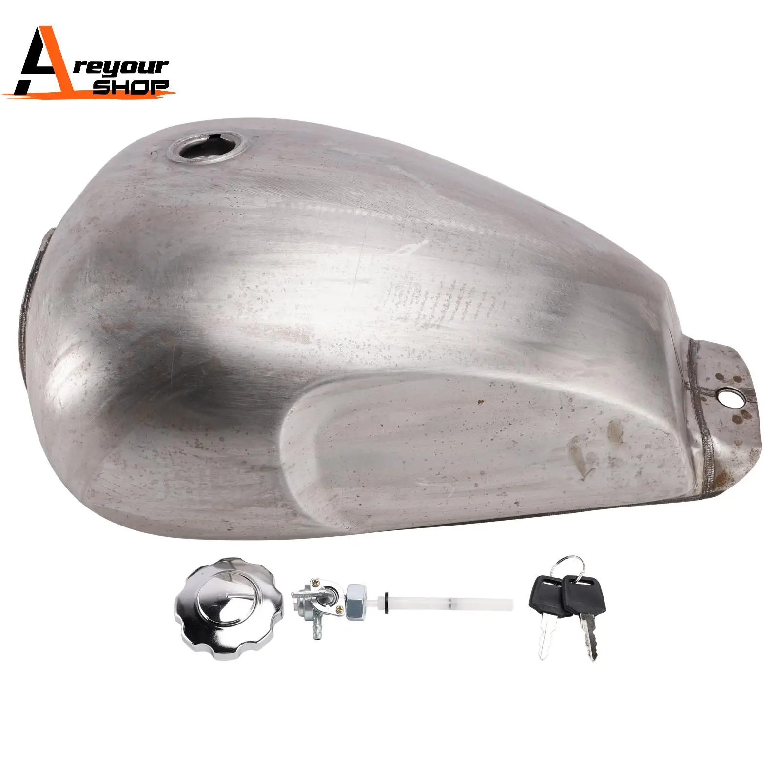 Areyourshop Scrambler Style Motorcycle Fuel Gas Tank 11L with Kneedents Bare Metal Unpainted