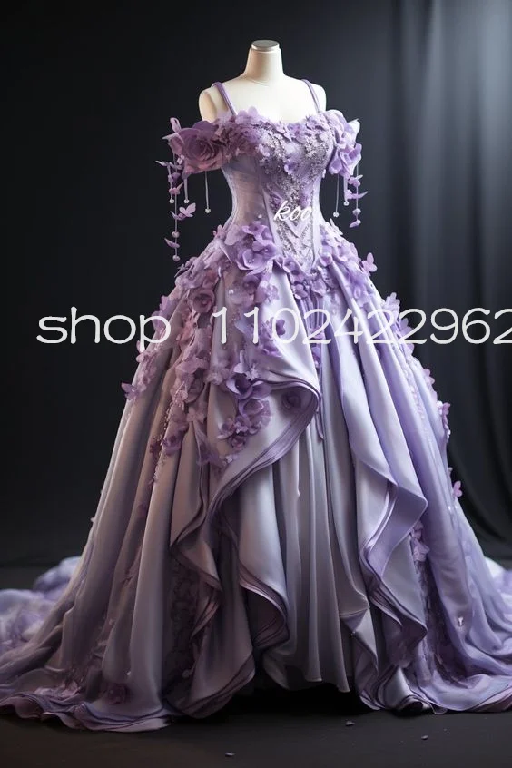 Lilac Lavender Princess Fairy Prom Dresses Handmade 3D Floral Off Shoulder Victorian Corset Evening Costume Gown Pleated