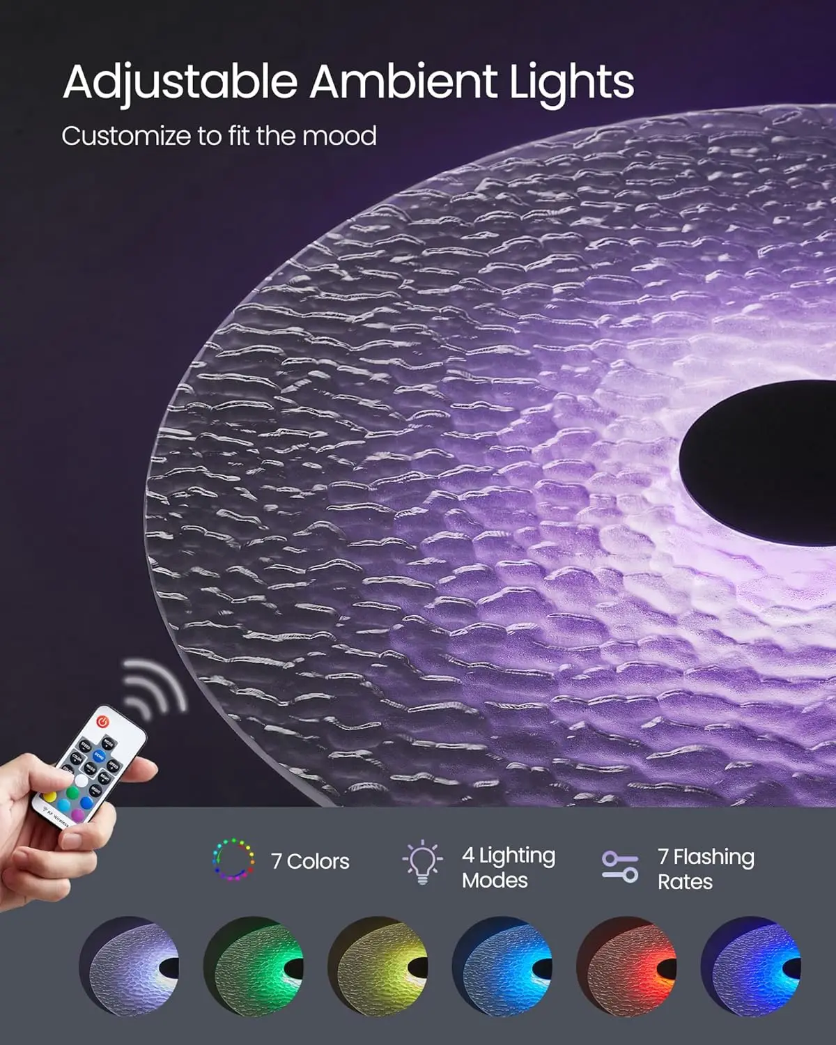 Round Cocktail Table with Multi-Colored Lights and Glass Top, Large Steel Base, 41.3 Inches Tall Pub Table for Kitchen, Bistro